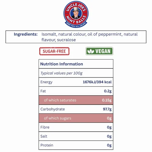 Miniatura 2 de Uncle Joe's Bolas de menta sin azúcar Latas de caramelo duro británico Cocidas a mano en fuego abierto Sin gluten y vegano Envueltas