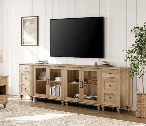 Miniatura 13 de WAMPAT Soporte de TV grande para TV de 100 pulgadas, mesa consola de TV vintage para TV de 85, 90 y 95 pulgadas, centro de entretenimiento con Blanco
