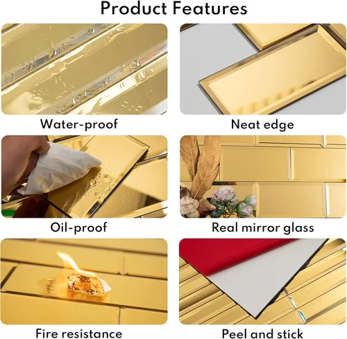 Miniatura 3 de Lovdeco - Tiras de espejo dorado para pegar y despegar para salpicadero de cocina y pared de baño, 30,5 x 30,5 cm, 5 piezas, 0,46 m².