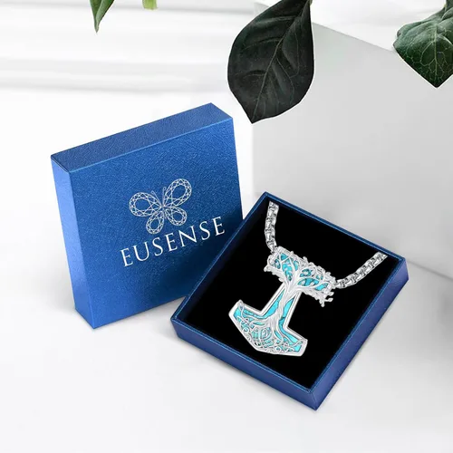 Miniatura 99 de Joyas de turquesa para mujeres y hombres de plata de ley 925 con colgante de urna para cenizas, collar con medallón de imagen, martillo de Thor