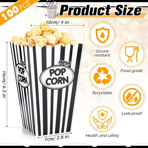 Miniatura 2 de Xinnun 100 paquetes de cajas de palomitas clásicas con rayas en negro y blanco, cubos de papel para palomitas desechables a prueba de aceite