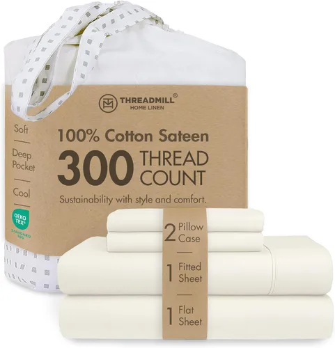 Miniatura 48 de Threadmill Sábanas 100% Algodón para Cama Tamaño King Juego de Sábanas de 4 Piezas para Cama King Suave, Transpirable y Ligero Satén de Damasco