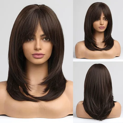 Miniatura 13 de Alanhair MEACO - Pelucas color castaño rojizo para mujer, pelucas largas en capas naranjas con flequillo, pelucas de fibra sintética resistentes al