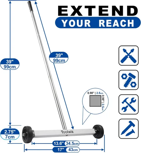 Miniatura 4 de Toolwiz Barredora magnética de 17 pulgadas, herramientas de techo para barredora de césped, herramientas de 8.8 libras con ruedas lisas para limpiar