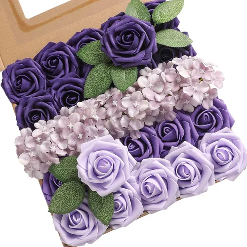 Miniatura 18 de YYHUAWU Flores Artificiales Juego de Caja Combinada Color Degradado Flor Hoja con Tallos para Ramos de Boda DIY Centros de Mesa Baby Shower Fiesta