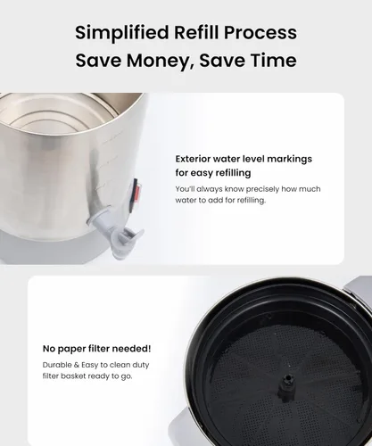 Miniatura 4 de SYBO Urna de café de 45 tazas, cafetera de percolado de acero inoxidable de grado comercial, filtro extraíble, fácil de limpiar, urna de agua