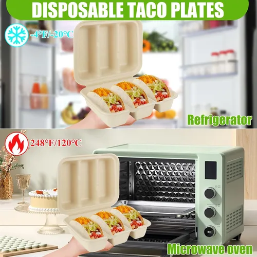 Miniatura 3 de 50 soportes desechables para tacos con tapas, platos para tacos con 3 divisores, bandejas de tacos desechables para llevar, soportes para tacos