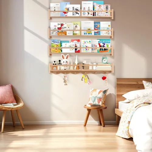 Miniatura 2 de Estantes para libros de guardería de 34 pulgadas montados en la pared, estante flotante para libros para niños con 6 ganchos, estante colgante