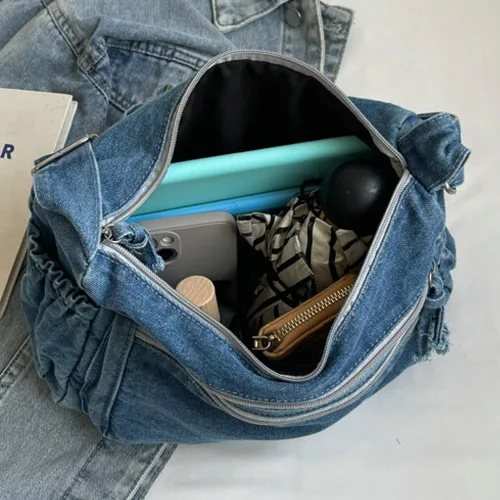 Miniatura 7 de Bolso de hombro grande retro para mujer de lona de denim, bolso cruzado de denim, bolso ligero informal, bolso de mano con asa superior