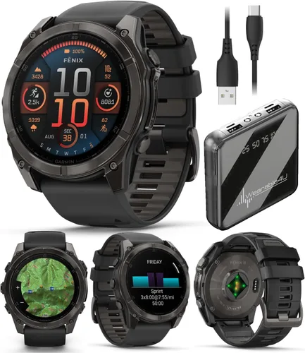 Miniatura 43 de Garmin Fenix 8 – 2 pulgadas, reloj inteligente multideporte GPS AMOLED, zafiro, titanio con banda de silicona naranja brillante/grafito, linterna
