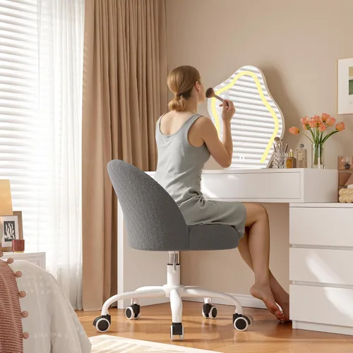 Miniatura 3 de DurayLoly Silla de tocador con respaldo, bonita silla de escritorio con ruedas, silla de oficina sin brazos ajustable en altura, soporte lumbar Gris