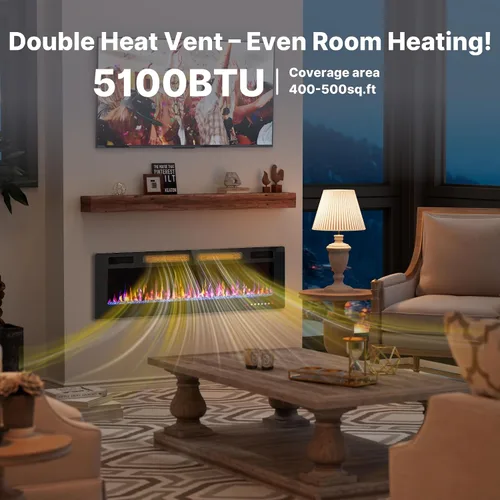 Miniatura 3 de BREEZEHEAT Chimenea eléctrica ultrafina de 50 pulgadas, calentador de chimenea independiente o empotrado en la pared, control remoto, pantalla