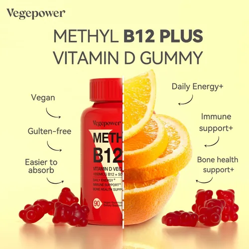 Miniatura 7 de Gomitas veganas de vitamina D3 y B12, suplemento de metilo B12 para adultos y niños, mejorado con vitamina D 3 para energía natural, inmune