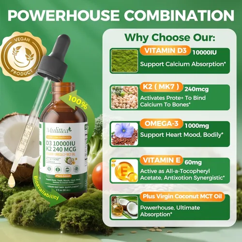 Miniatura 4 de Mulittea Líquido orgánico de vitamina D3 K2 con aceite de linaza y coco MCT vegano Omega-3, 10000 UI, líquido de vitamina D, sin rellenos, K2 sin