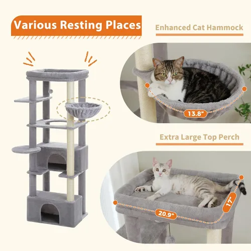 Miniatura 2 de PEQULTI Árbol para gatos de interior de 66 pulgadas, torre grande para gatos con poste rascador cubierto de sisal, hamaca de metal súper grande