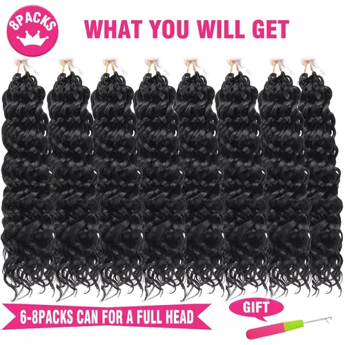 Miniatura 4 de Unionbeauty - Paquete de 8 mechones rizados con ganchillo GoGo, rizos de agua para mujer negra, rizos de playa, extensiones de cabello rizado 1b#