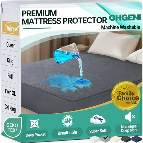 Miniatura 12 de OhGeni Protector de colchón 100% impermeable, tamaño Queen Beige, sábana bajera con bolsillos profundos, 6''-18'', material suave transpirable sin