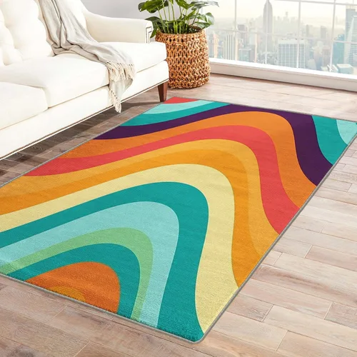 Alfombra de los años 70 y decoración del hogar, alfombra de sala de estar, alfombras retro onduladas para dormitorio, alfombras lavables, alfombra