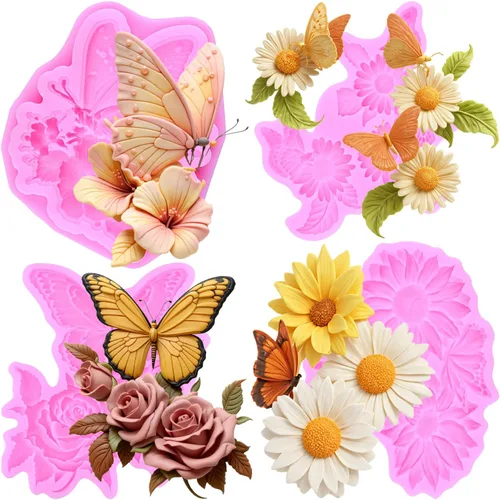 Miniatura 11 de Mujiang Moldes de silicona con diseño de margaritas de rosas, moldes para decoración de tartas, orquídeas y flores, juego de 4