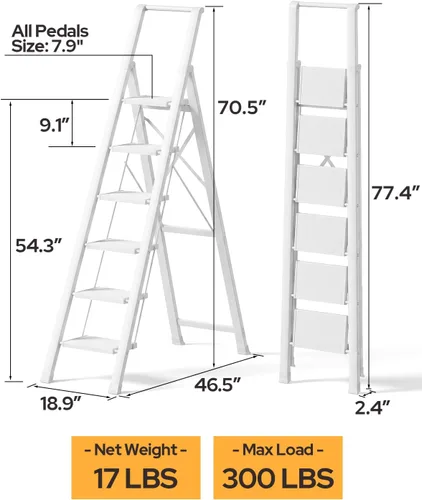 Miniatura 7 de Escalera de 6 escalones para techo de 12 pies de alto, taburete plegable de aluminio ligero con cómodo agarre, escaleras con pedal antideslizante
