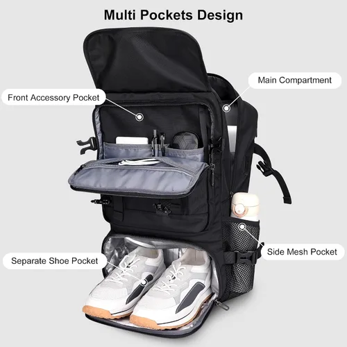 Miniatura 4 de PIJUSHI Mochila de viaje para mujeres y hombres, mochila de equipaje de mano, aprobada por vuelo, bolsa de lona convertible para laptop de 16 Negro