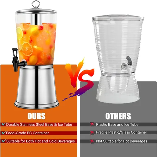 Miniatura 4 de Dispensador de bebidas de 2 galones con soporte, dispensadores de bebidas para fiestas, dispensadores de jugo de acero inoxidable con tubo de hielo