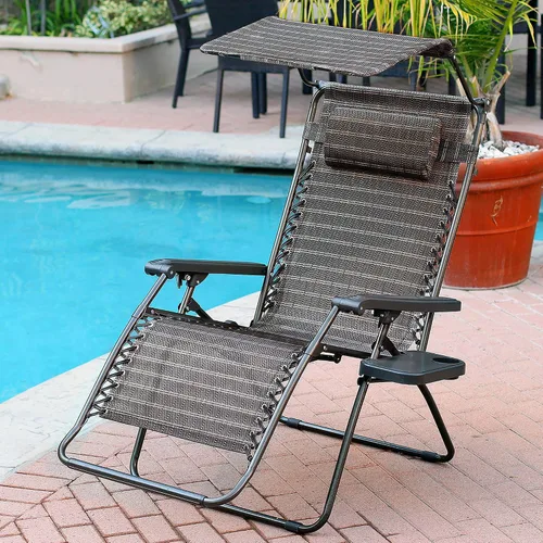 Miniatura 2 de Jeco Silla de gravedad cero de gran tamaño con sombrilla y bandeja para bebidas, color negro y marrón
