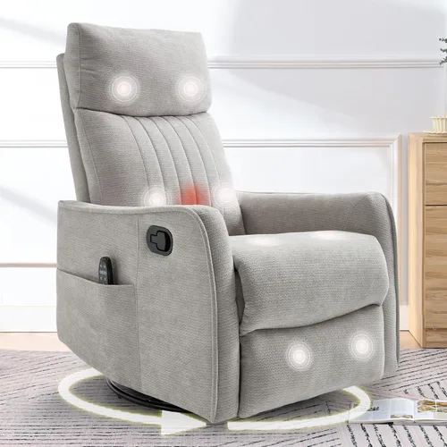 cinkehome Silla reclinable con masaje y giro, con calefacción, para guardería - Silla reclinable de espacio pequeño con soporte lumbar, giro de 360°