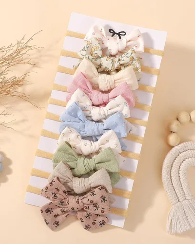 Miniatura 5 de doboi 10 diademas para bebé, lazos para el cabello, de nailon, algodón, lino, hechas a mano, accesorios para el cabello para recién nacidos, niñas