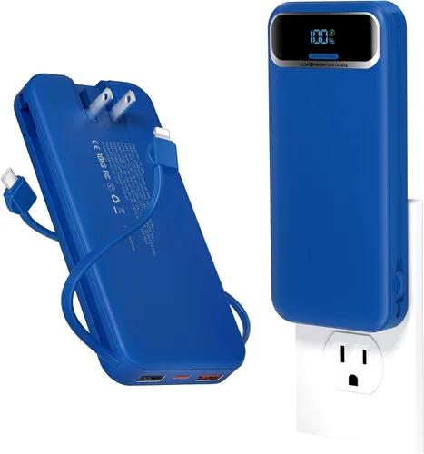 Cargador portátil ligero de 12000 mAh con cables integrados y enchufe de pared de CA, batería de carga rápida PD20W USB-C, pantalla LED, cargador
