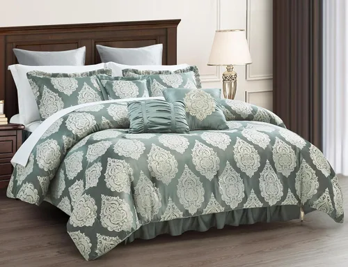 Miniatura 2 de Sterling Creek Trinity - Juego de edredón de lujo de 7 piezas, edredón tradicional de medallón jacquard gris y verde con cojines decorativos
