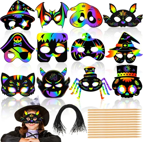 AUGSUN Manualidades de Halloween, máscara de arañazos de arco iris para fiestas de Halloween, suministros mágicos de papel para rascar máscara de