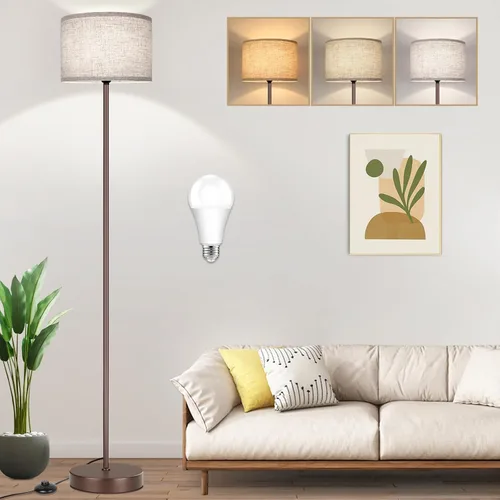 Miniatura 11 de Lámpara de pie de 65’’ moderna y simple con interruptor de pie, lámpara de pie plateada para sala de estar con bombilla LED de 3 colores Plata+crema