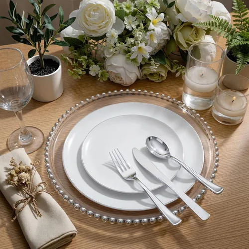 Miniatura 7 de KIRE 100 platos de plástico plateado, platos desechables blancos resistentes con borde plateado para fiesta/boda, incluye 50 platos llanos de 10.25