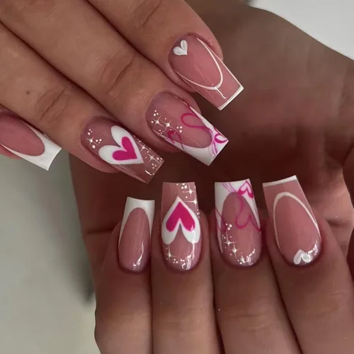 Miniatura 14 de Uñas postizas a presión para San Valentín, uñas postizas cortas cuadradas MABKJLF nude con diseños de labios, cobertura completa, pegamento
