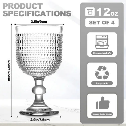 Miniatura 2 de 12 onzas Vasos de vino vintage transparentes, juego de 4 vasos de vino con nudos, vasos de vino en relieve para boda, fiesta, cena, bar