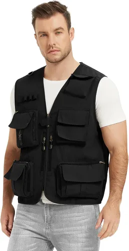 Miniatura 8 de Flygo Chaleco de carga para hombre, casual, para exteriores, trabajo, safari, pesca, viajes, fotos, chaleco con múltiples bolsillos