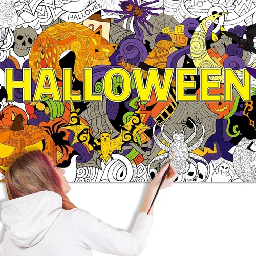 Miniatura 7 de ZOIIWA Póster gigante de Halloween para colorear de mandala para niños y adultos, Halloween, bricolaje, dibujo, mantel para colorear, mandala
