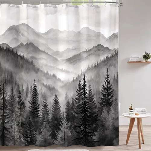 Miniatura 7 de Cortina de ducha Stall pequeña de bosque brumoso en blanco y negro, gris degradado, árbol de pino de montaña, tela impermeable, cortinas de ducha