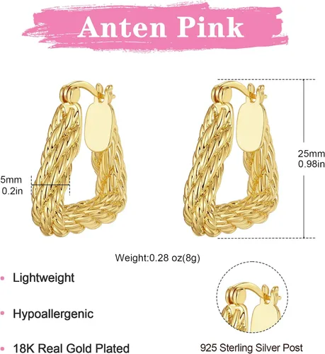 Miniatura 5 de Anten Pink Aretes de aro de oro para mujer, de triángulo, hipoalergénicos, chapados en oro de 18 quilates, aretes de diseño de moda 2023