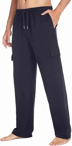 Miniatura 3 de Deyeek Pantalones deportivos tipo cargo para hombre, con parte inferior abierta, holgados, de pierna recta, para gimnasio, con bolsillos