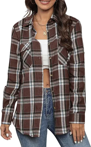 Miniatura 5 de siliteelon Camisas de franela a cuadros para mujer, de manga larga, con botones, de algodón, estilo novio, informal, con puños