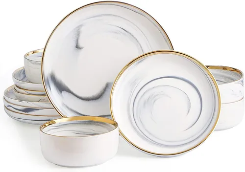 Miniatura 10 de Pokini Juego de vajilla de porcelana, juego de 12 platos y cuencos de porcelana de lujo, juego de platos verdes con borde dorado para boda