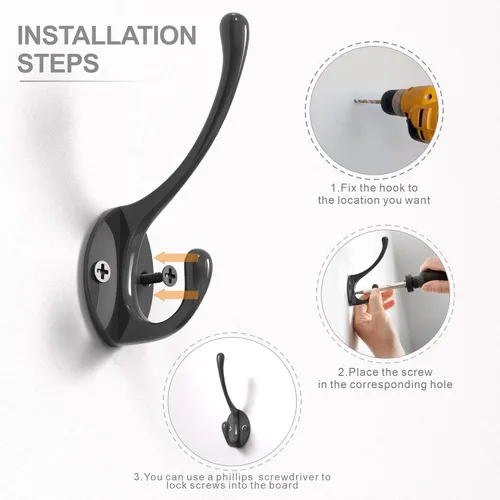 Miniatura 6 de Ganchos de pared de metal resistentes para abrigos, paquete de 10 ganchos negros montados en la pared con 20 tornillos, ganchos dobles para abrigo