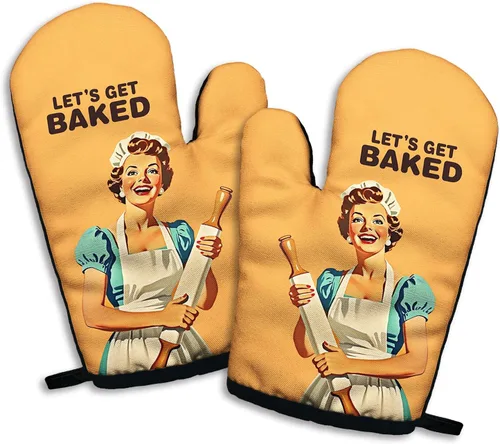 Let's Get Baked, Divertidos Guantes de Horno Antideslizantes de Silicona Juego de 2, Guantes Retro para Hornear, Regalo de Cocina para Mujeres,