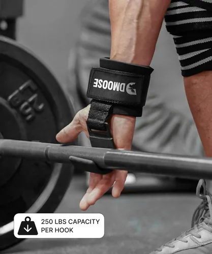 Miniatura 4 de DMoose Fitness Ganchos de levantamiento de pesas (par) para peso muerto, dominadas, remo y encogimientos de hombros – Correa de nailon Púrpura