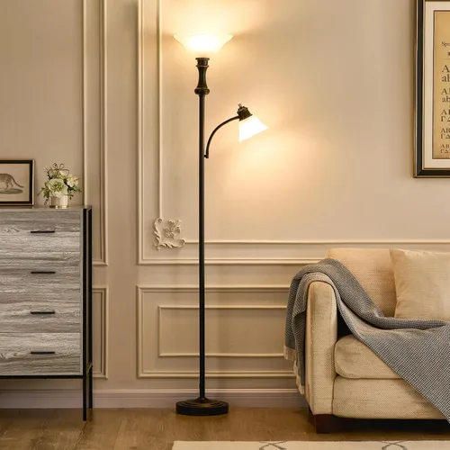 Miniatura 4 de Lámpara de pie Torchiere de 71 pulgadas para dormitorio con pantalla de cristal, lámparas de pie altas para sala de estar con luz de lectura de arco