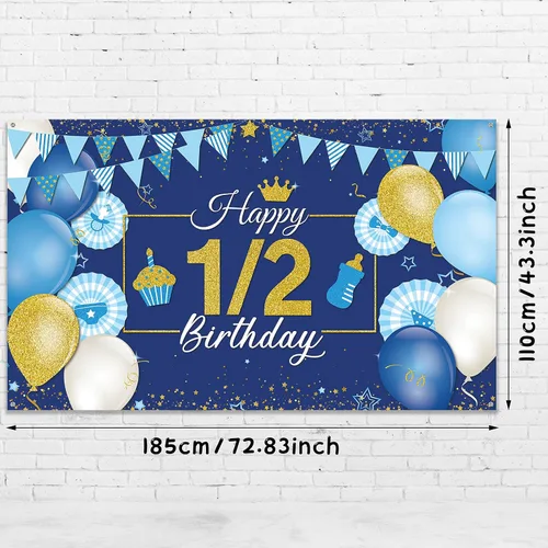 Miniatura 2 de Tatuo Decoración de fondo de cumpleaños de 1/2, 72.8 x 43.3 pulgadas, pancarta azul y dorada de medio año, suministros de fiesta de cumpleaños de 6