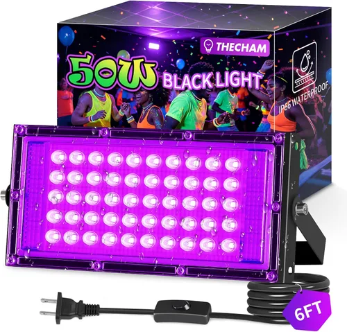 THECHAM Luces LED negras de 50 W IP66, impermeable, luz negra para exteriores con enchufe de 5.9 pies + interruptor, luz negra de inundación para