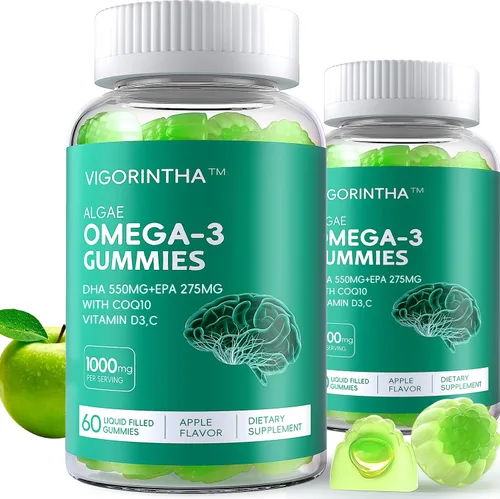 Suplemento de aceite de algas omega-3 vegano con DHA 300 mg y EPA 150 mg, Omega-3 a base de plantas con vitamina D3 y K2, cápsulas blandas de aceite